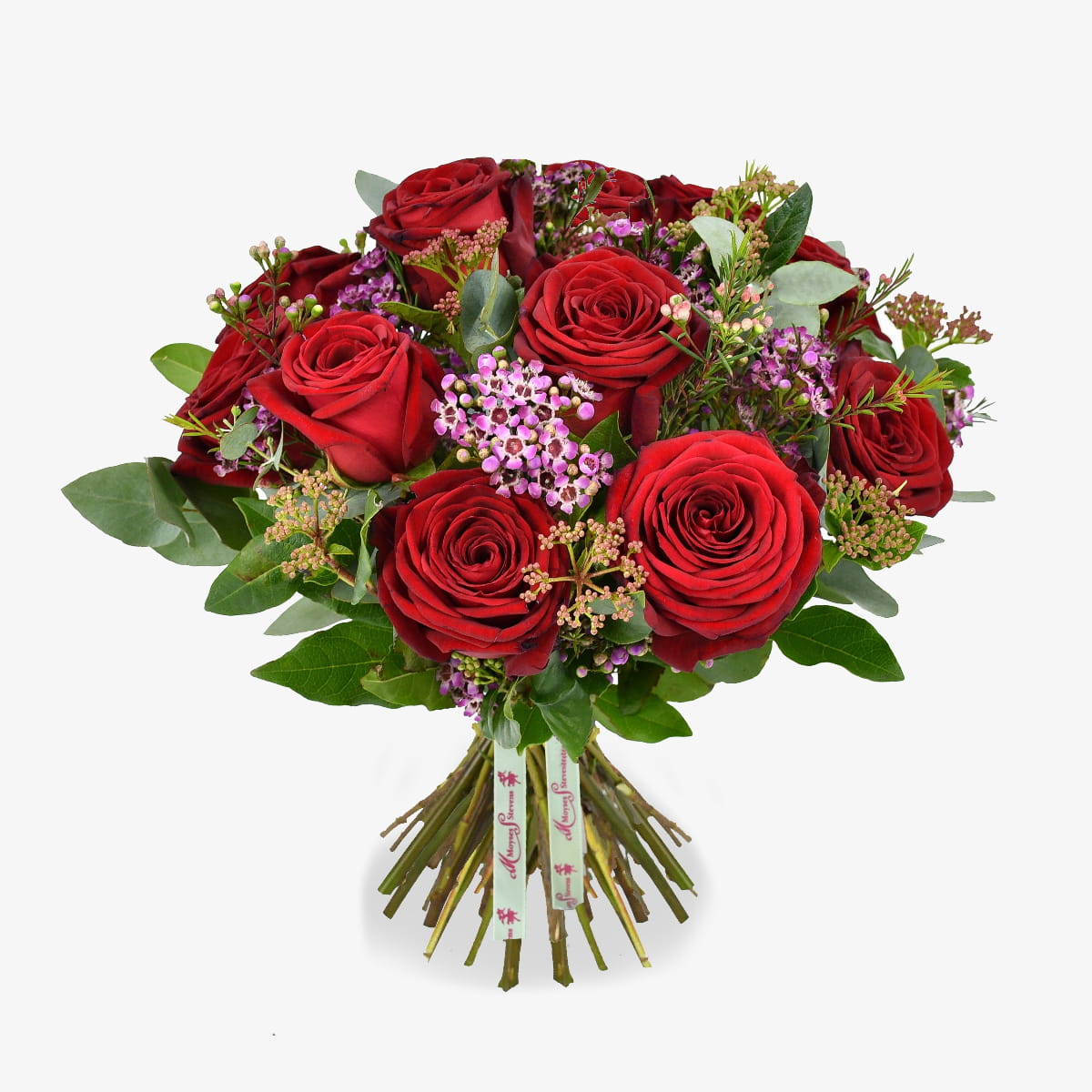 Dozen Red Roses luxury flower bouquet by Moyses Stevens UAE featuring red roses, pink wax flower, skimmia & eucalyptus