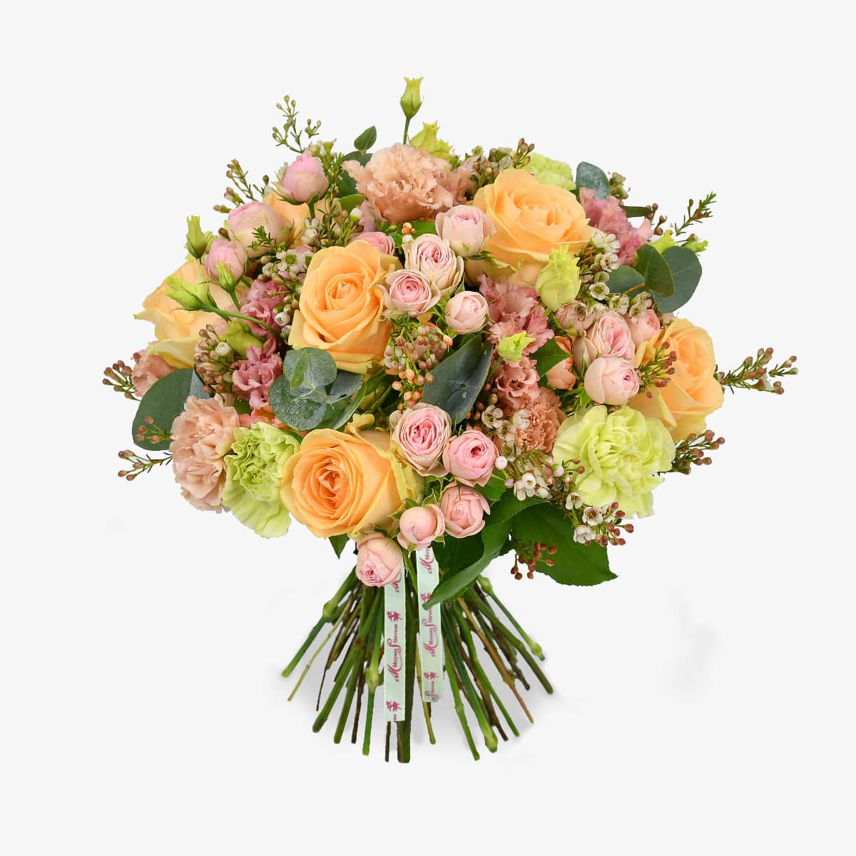 Just peachy luxury flower bouquet by Moyses Stevens UAE featuring a blend of peach and pink roses with eucalyptus and waxflower.