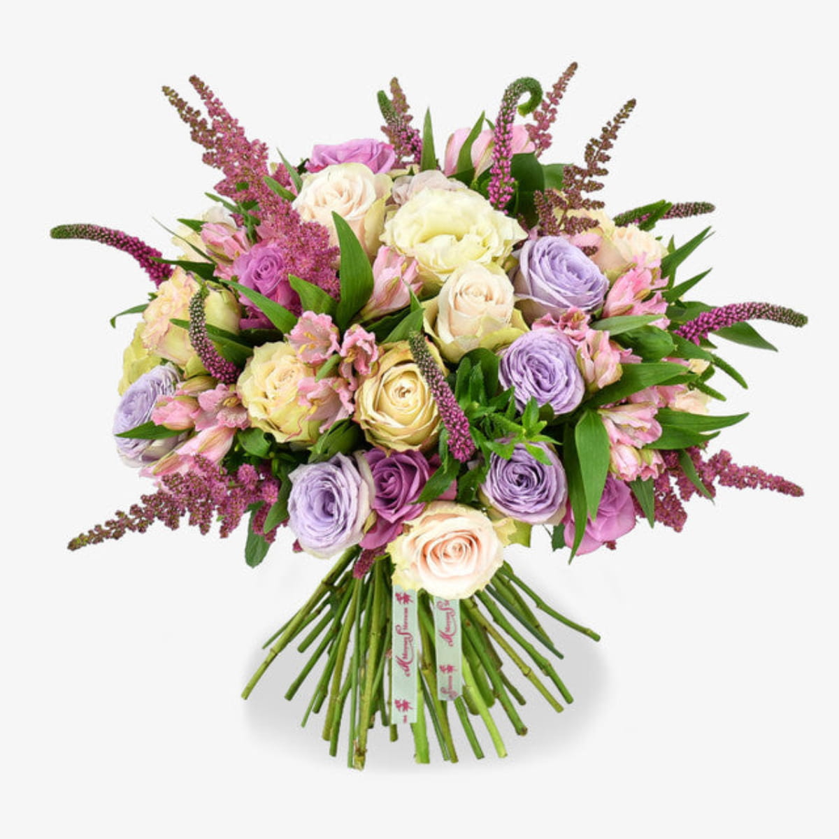Lavender sky luxury flower bouquet by Moyses Stevens UAE featuring Mixed Pastel Roses, Pink Astilbe, Pink Alstroemeria, Pink Veronica, Seasonal Foliage