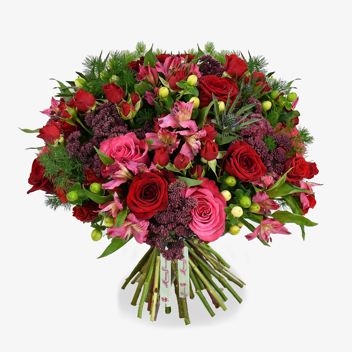 Sour Cherry luxury flower bouquet by Moyses Stevens UAE featuring rich crimson roses and velvety sedum for a deep, intense colour palette.