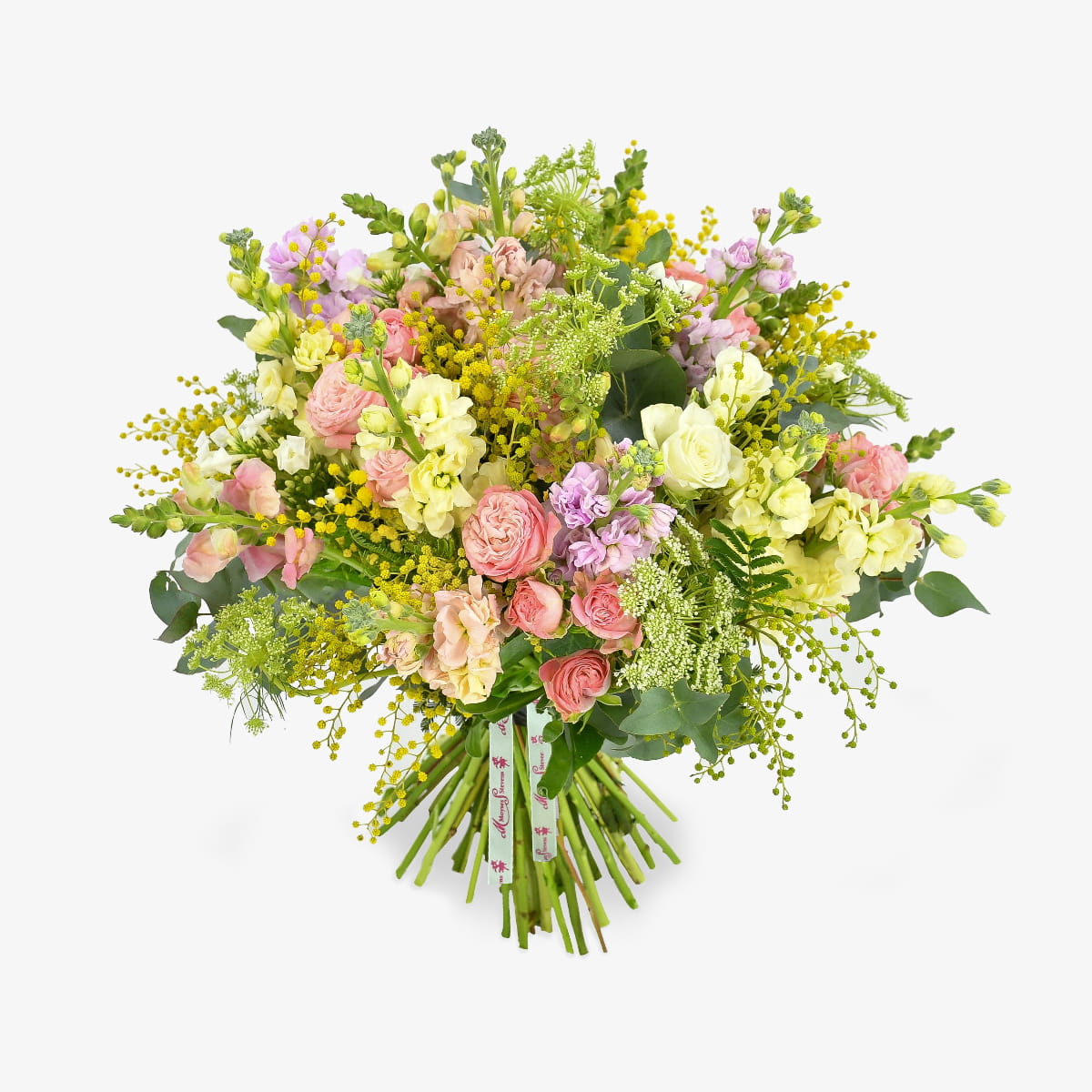 Spray Rose glow luxury flower bouquet by Moyses Stevens UAE featuring cream and pink spray roses, fragrant stocks, and refreshing eucalyptus.