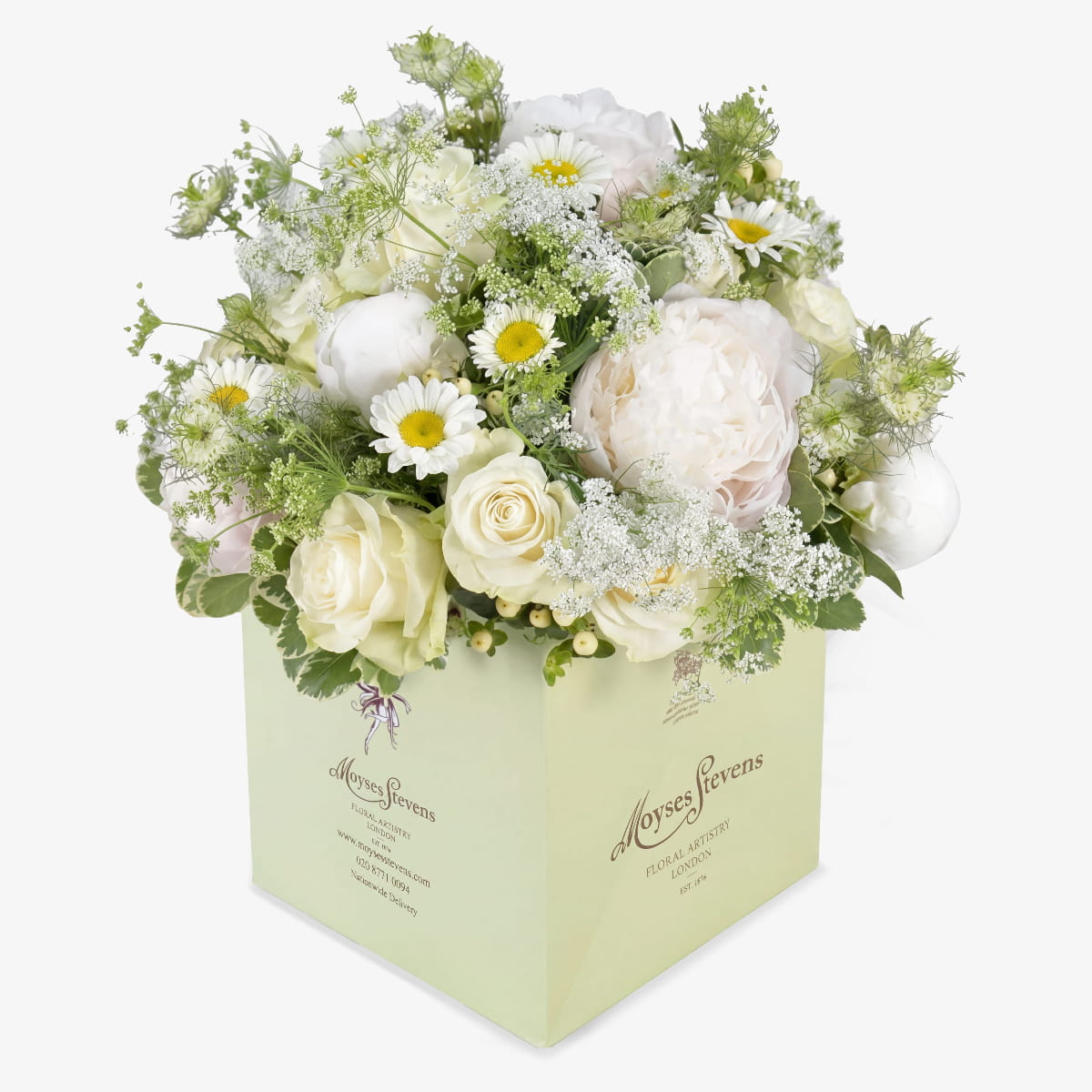 Summer Elegance luxury flower bouquet by Moyses Stevens UAE featuring pure white peonies, daisies, gypsophila, white roses and green and white pittosporum.