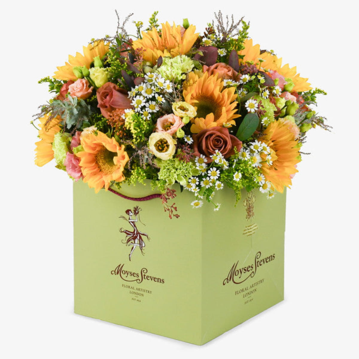 Café au Soleil luxury flower bouquet by Moyses Stevens UAE featuring golden sunflowers, barista roses, and peach lisianthus.