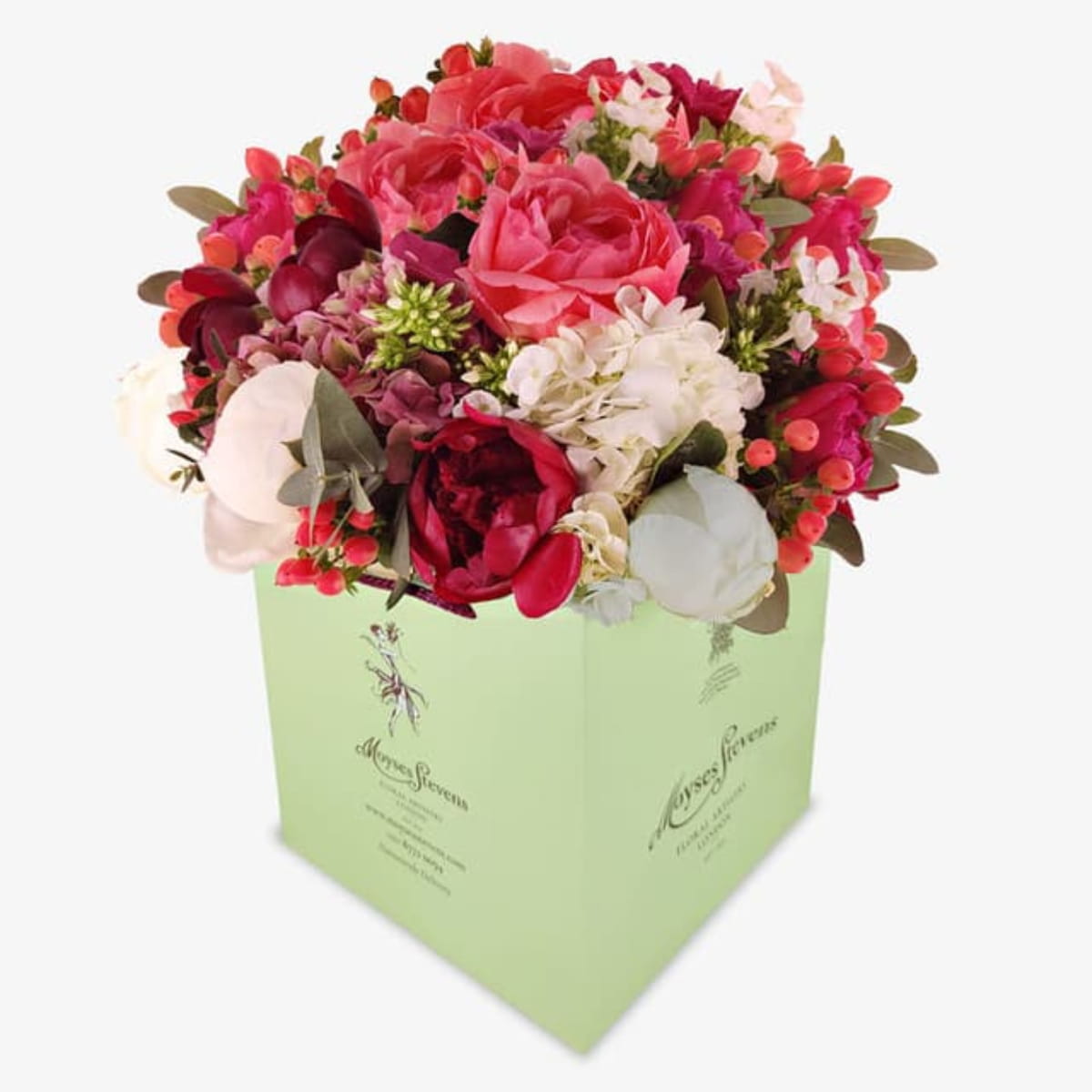 Cherry Burst luxury flower bouquet by Moyses Stevens UAE featuring peonies, a deluxe selection of hydrangeas, hypericum berries, phlox and a selection of British farmed foliage.