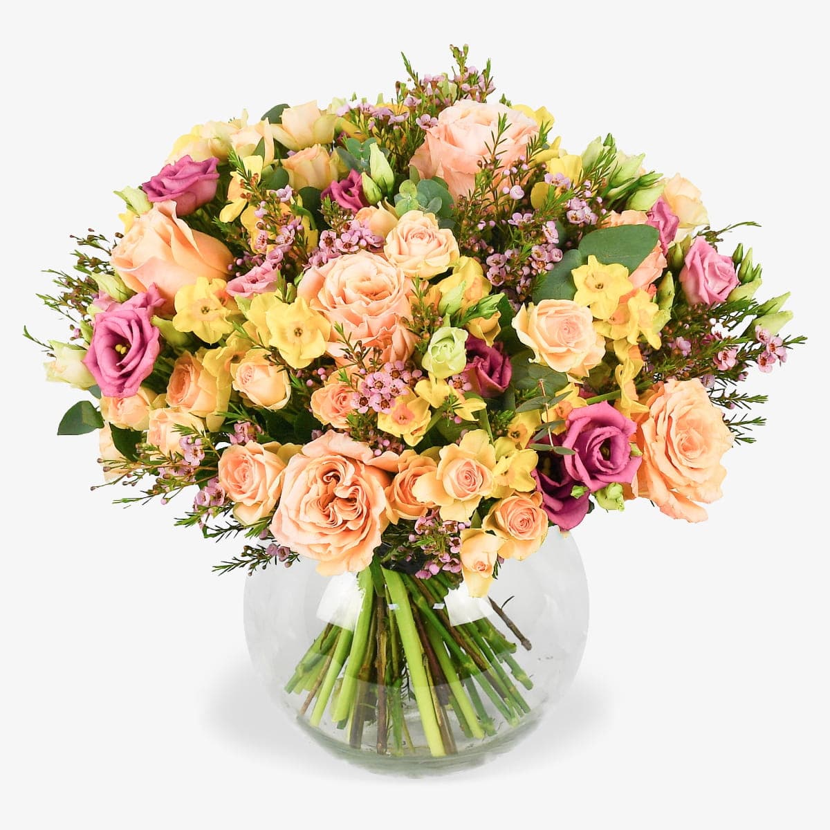 Peach Heirloom luxury flower bouquet by Moyses Stevens UAE featuring ruffled peach petals with the deep, saturated hues of fragrant lisianthus. Accented with the dainty charm of spring bulbs and ethereal pink waxflower.