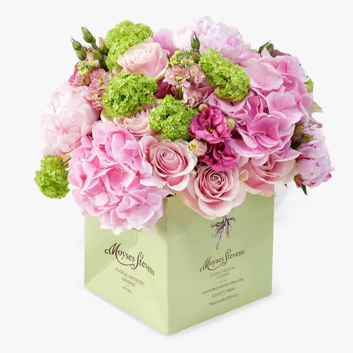 PinkMondial luxury flower bouquet by Moyses Stevens UAE featuring sweet pink roses, hydrangeas, peonies, and cerise lisianthus