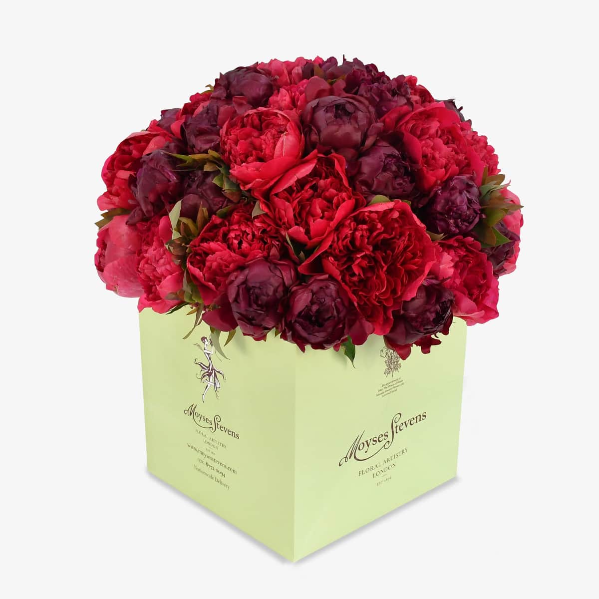 Raspberry luxury flower bouquet by Moyses Stevens UAE featuring a perfect blend of deep red and pink peonies, accented with seasonal foliage