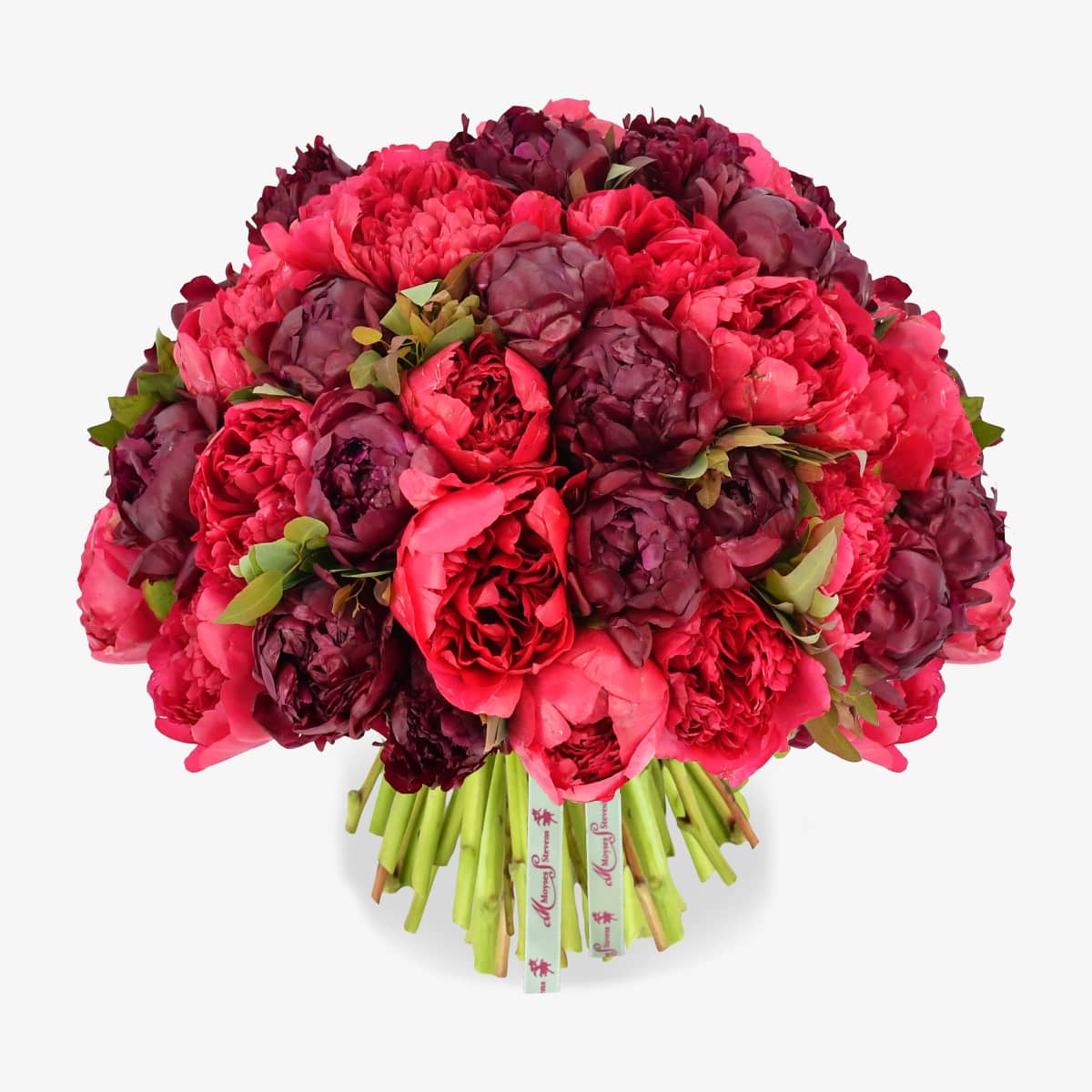 Raspberry luxury flower bouquet by Moyses Stevens UAE featuring a perfect blend of deep red and pink peonies, accented with seasonal foliage