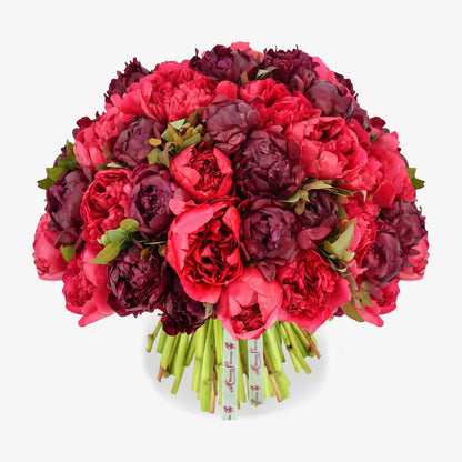 Raspberry luxury flower bouquet by Moyses Stevens UAE featuring a perfect blend of deep red and pink peonies, accented with seasonal foliage