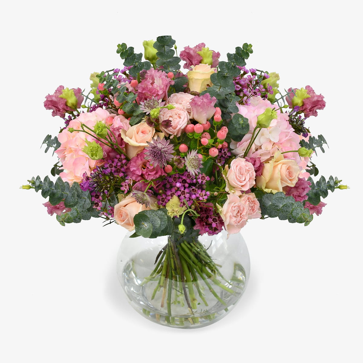 Waxflower and rose luxury flower bouquet by Moyses Stevens UAE featuring wax flower, roses, eucalyptus, lisianthus, astrantia, and hydrangeas.