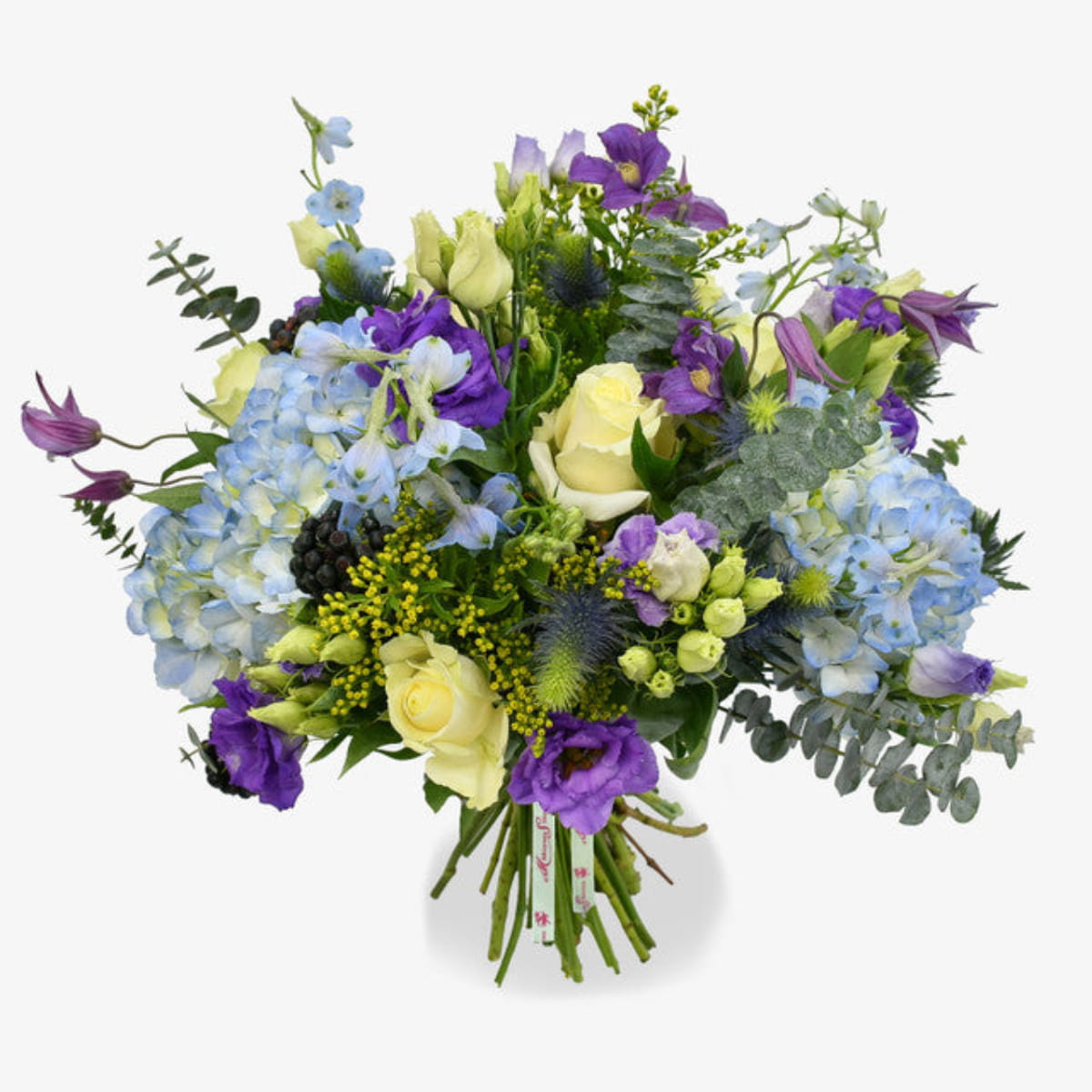 Blue sky luxury flower bouquet by Moyses Stevens UAE featuring Blue Hydrangeas, White Roses, Purple Lisianthus, Purple Clematis, Blue Delphinium, Yellow Solidago, Eucalyptus