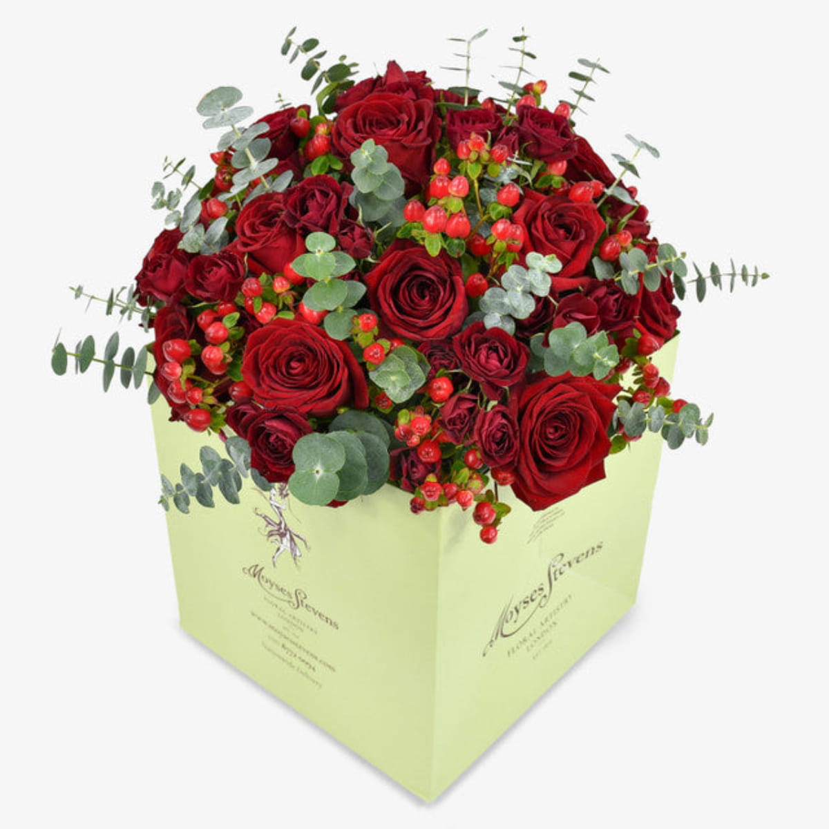 classic red rose luxury flower bouquet by Moyses Stevens UAE featuring Red Roses, Red Spray Roses, Red Hypericum, Eucalyptus, Salal