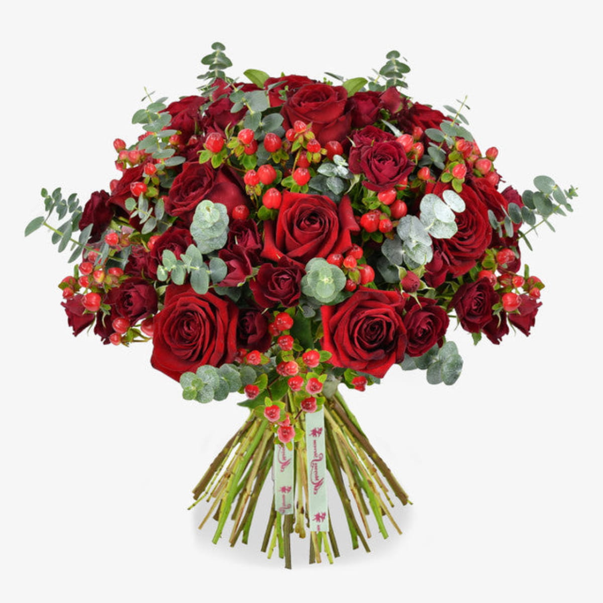 classic red rose luxury flower bouquet by Moyses Stevens UAE featuring Red Roses, Red Spray Roses, Red Hypericum, Eucalyptus, Salal