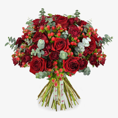 classic red rose luxury flower bouquet by Moyses Stevens UAE featuring Red Roses, Red Spray Roses, Red Hypericum, Eucalyptus, Salal