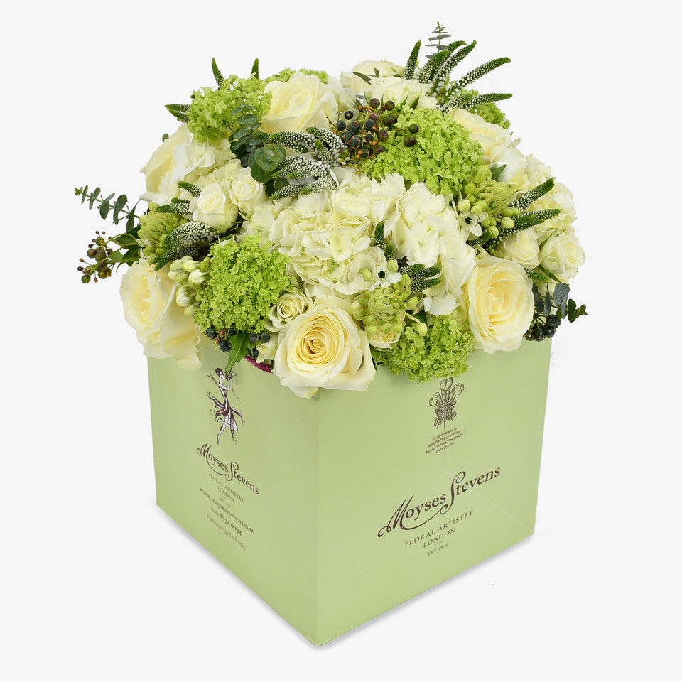 Graceful in White luxury flower bouquet by Moyses Stevens UAE featuring white hydrangeas, delicate spray roses and veronica with ornithogalum adding height and gentle movement to the arrangement. Finished with eucalyptus.