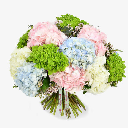 Heavenly Hydrangea luxury flower bouquet by Moyses Stevens UAE featuring a lush harmony of hydrangeas in soft pink, blue, white, and green.