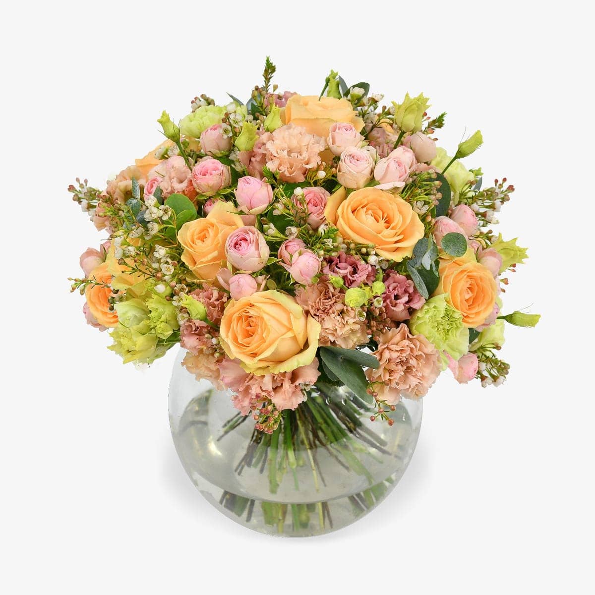 Just peachy luxury flower bouquet by Moyses Stevens UAE featuring a blend of peach and pink roses with eucalyptus and waxflower.