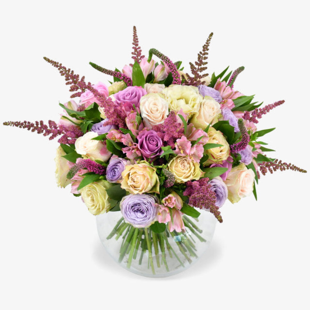 Lavender sky  luxury flower bouquet by Moyses Stevens UAE featuring Mixed Pastel Roses, Pink Astilbe, Pink Alstroemeria, Pink Veronica, Seasonal Foliage