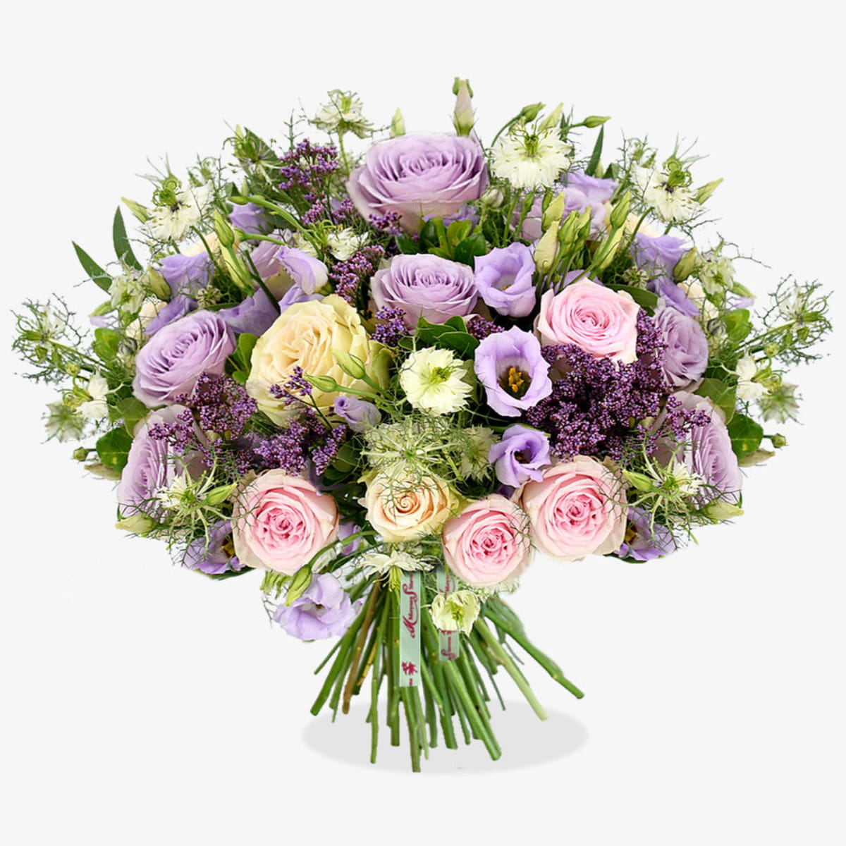 lilac charm luxury flower bouquet by Moyses Stevens UAE featuring pastel roses, lilac lisianthus and purple limonium.