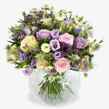 lilac charm luxury flower bouquet by Moyses Stevens UAE featuring pastel roses, lilac lisianthus and purple limonium.