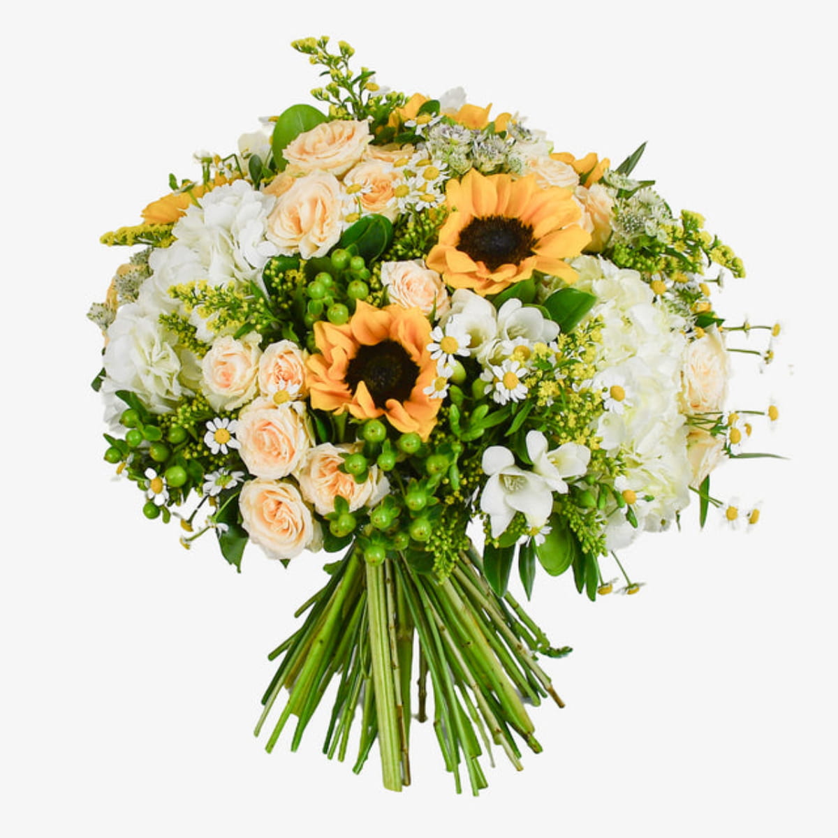 meadow delight luxury flower bouquet by Moyses Stevens UAE featuring Hydrangea, Sunflowers, Solidago, White Freesia, Tanacetum, Hypericum, Spray Roses, Astrantia