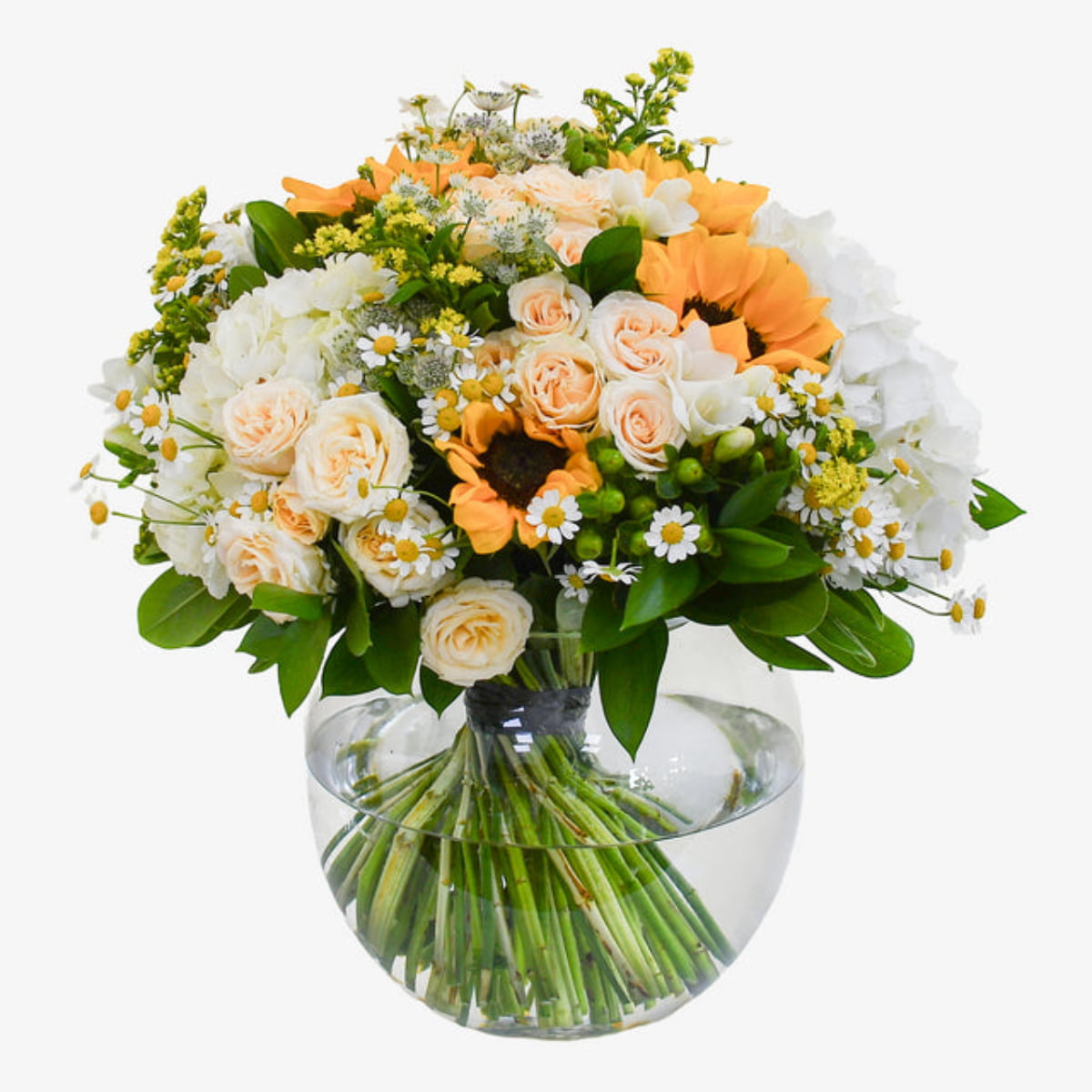 Meadow delight luxury flower bouquet by Moyses Stevens UAE featuring Hydrangea, Sunflowers, Solidago, White Freesia, Tanacetum, Hypericum, Spray Roses, Astrantia