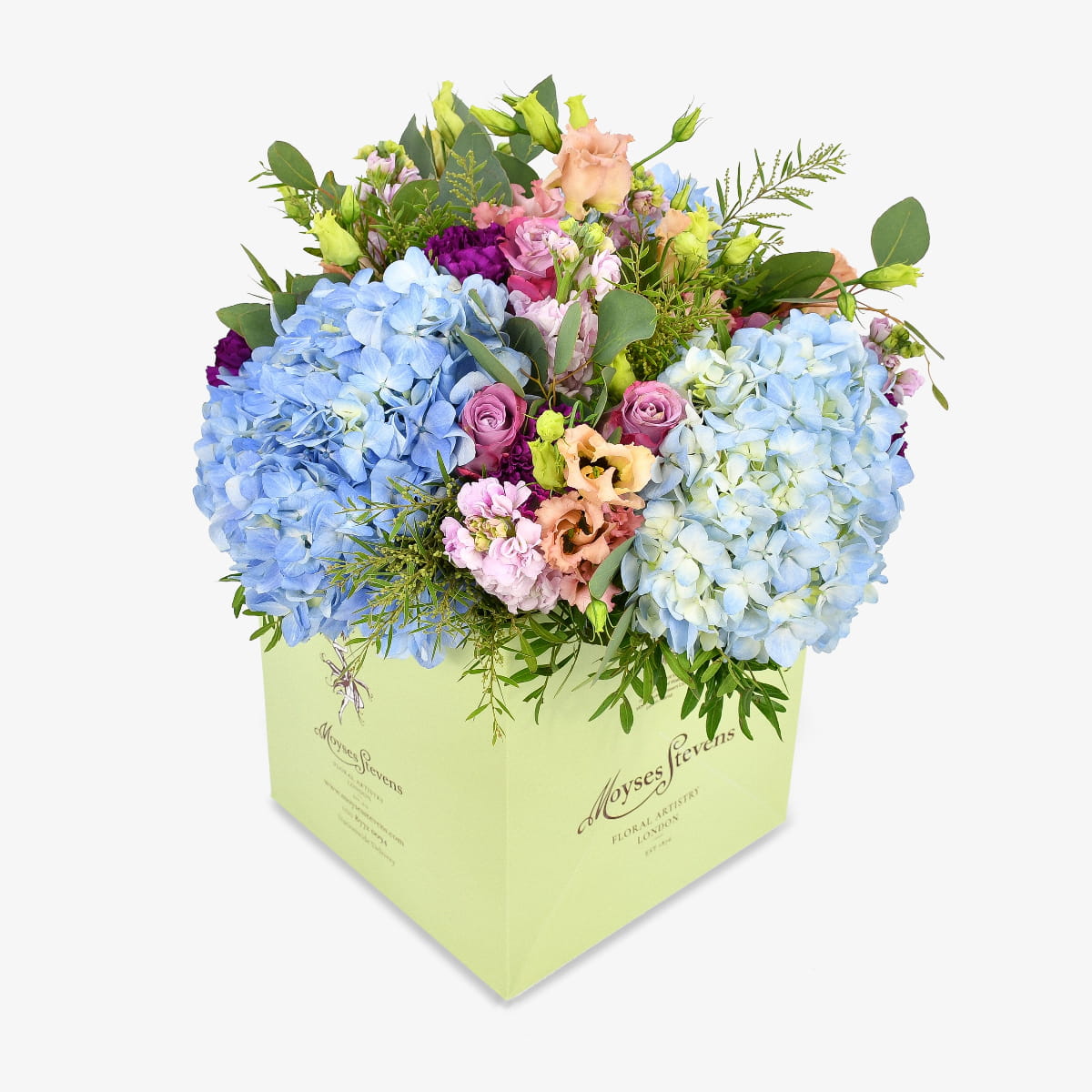 once in a blue moon luxury flower bouquet by Moyses Stevens UAE featuring Hydrangea, Roses, Lisianthus, Carnations, and Seasonal greenery