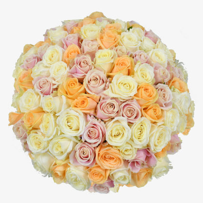 pastel beauties luxury flower bouquet by Moyses Stevens UAE featuring Roses in shades of White, Peach, and Pink