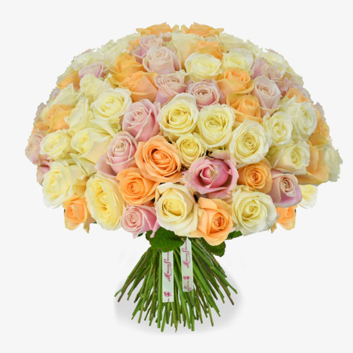 pastel beauties luxury flower bouquet by Moyses Stevens UAE featuring Roses in shades of White, Peach, and Pink