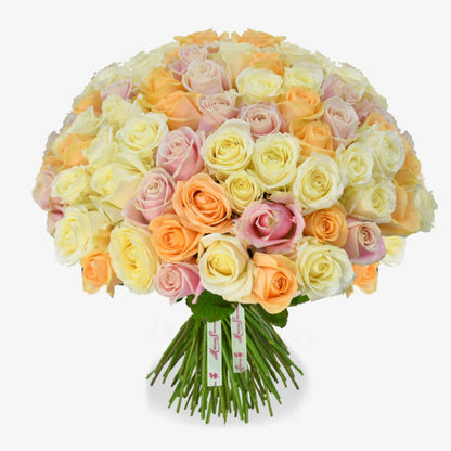 pastel beauties luxury flower bouquet by Moyses Stevens UAE featuring Roses in shades of White, Peach, and Pink