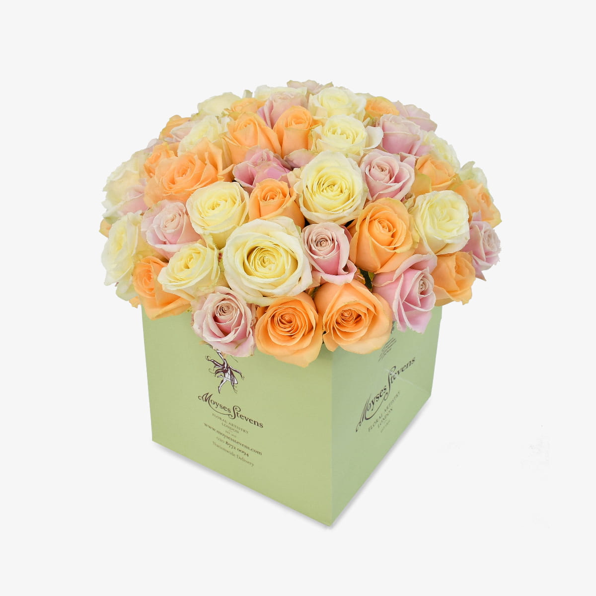 Pastel Perfection luxury flower bouquet by Moyses Stevens UAE featuring soft shades of pink, peach, and cream roses.