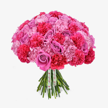 pink panther luxury flower bouquet by Moyses Stevens UAE featuring Pink Carnations, Hot Pink Carnations, Hot Pink Roses