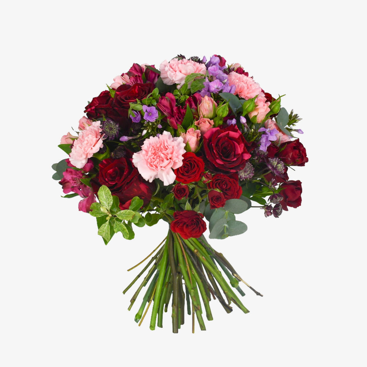 Plush Passion luxury flower bouquet by Moyses Stevens UAE featuring red roses, pink and red spray roses, pink alstroemeria, astrantia and purple phlox.