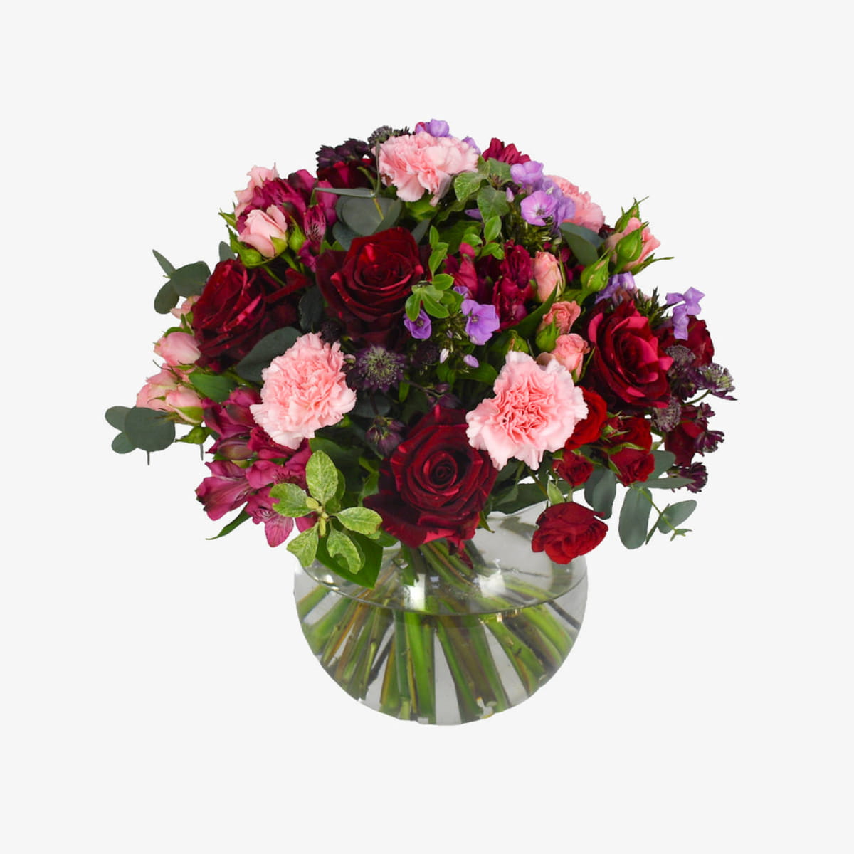 Plush Passion luxury flower bouquet by Moyses Stevens UAE featuring red roses, pink and red spray roses, pink alstroemeria, astrantia and purple phlox.