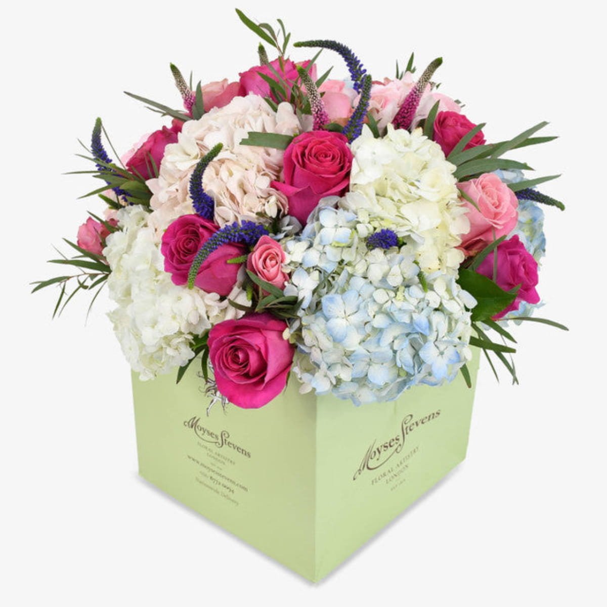 Smoothie luxury flower bouquet by Moyses Stevens UAE featuring Pink Hydrangea, White Hydrangea, Blue Hydrangea, Hot Pink Roses, Soft Pink Roses, Pink Veronica, Purple Veronica, Seasonal Greenery