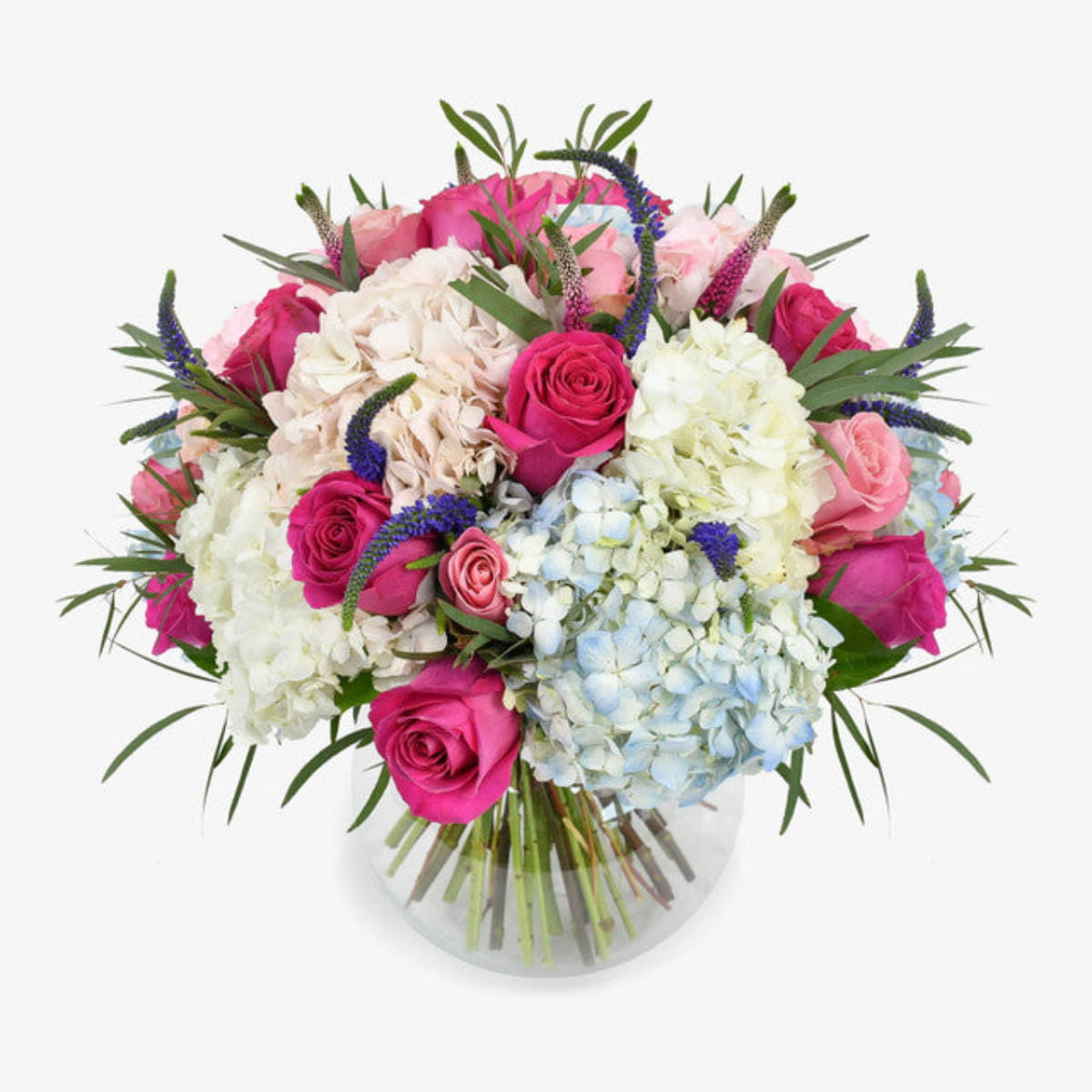 Smoothie luxury flower bouquet by Moyses Stevens UAE featuring Pink Hydrangea, White Hydrangea, Blue Hydrangea, Hot Pink Roses, Soft Pink Roses, Pink Veronica, Purple Veronica, Seasonal Greenery