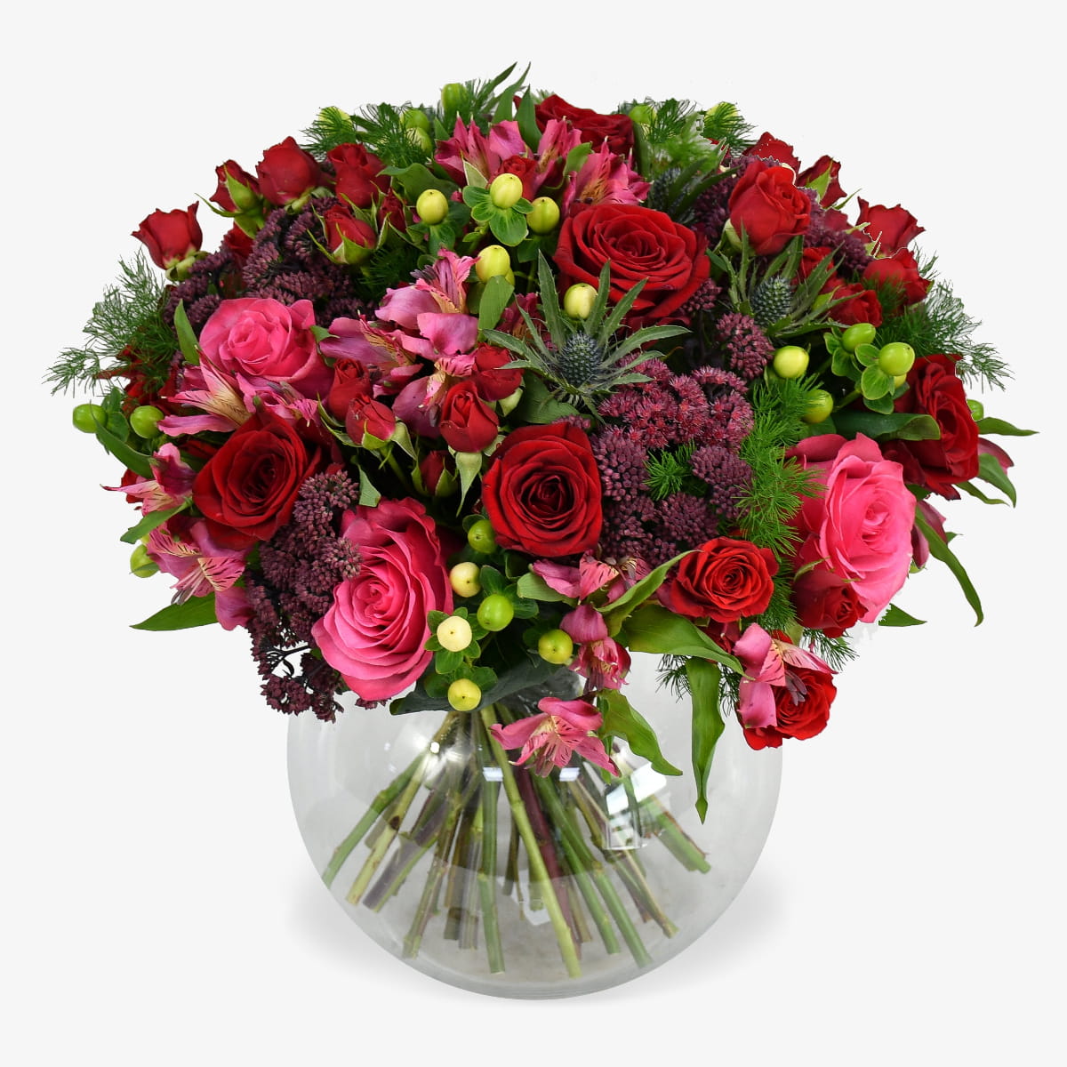 Sour Cherry luxury flower bouquet by Moyses Stevens UAE featuring rich crimson roses and velvety sedum for a deep, intense colour palette.