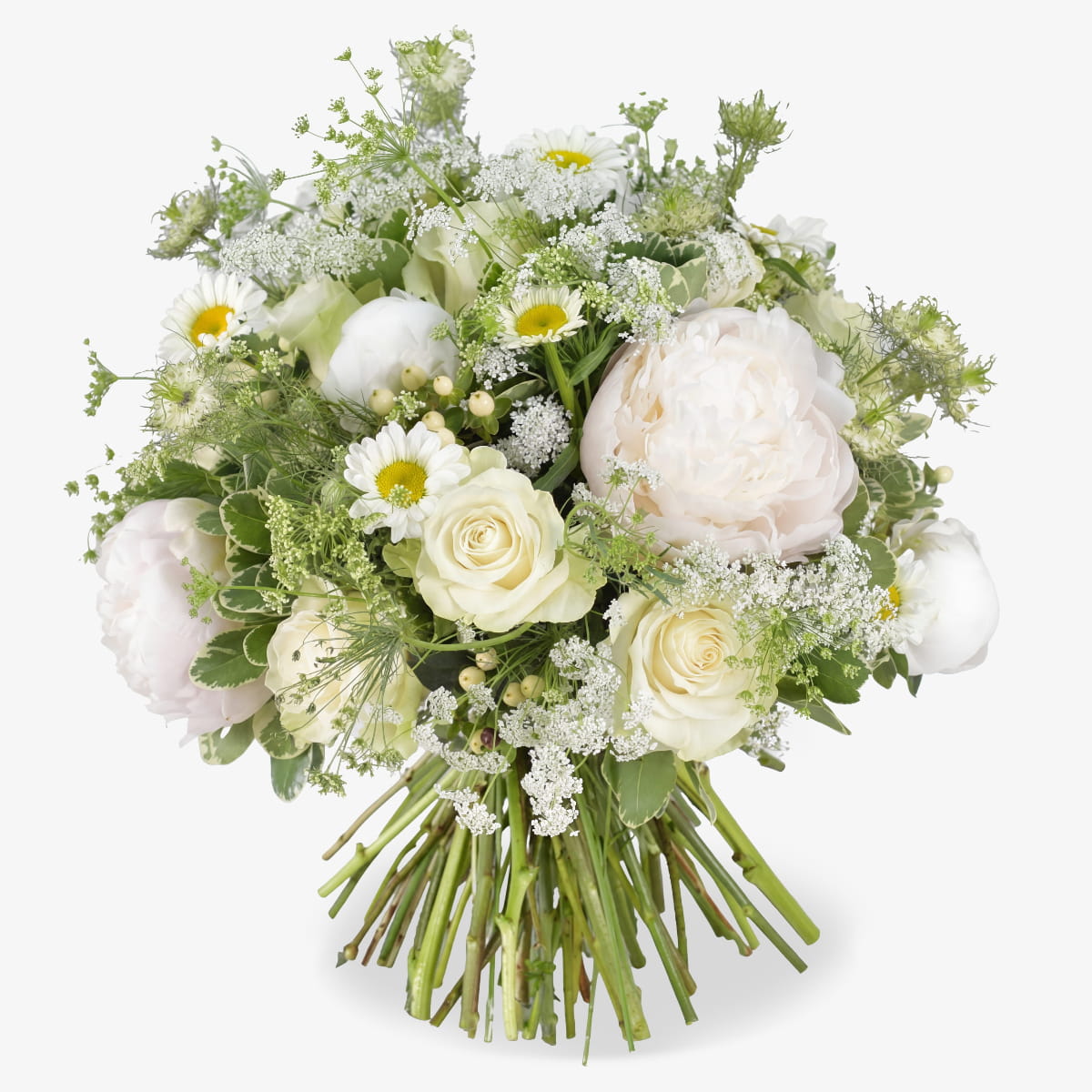 Summer Elegance luxury flower bouquet by Moyses Stevens UAE featuring pure white peonies, daisies, gypsophila, white roses and green and white pittosporum.