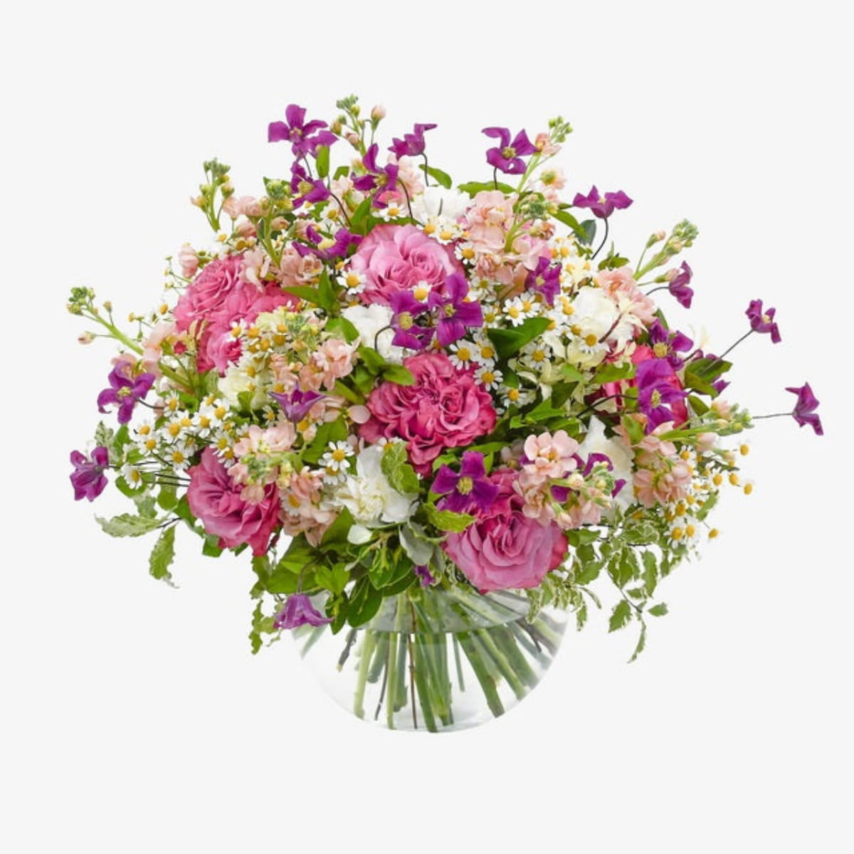 sweet daisy luxury flower bouquet by Moyses Stevens UAE featuring Roses, Stocks, Carnations, Clematis, Camomile, Seasonal Greenery