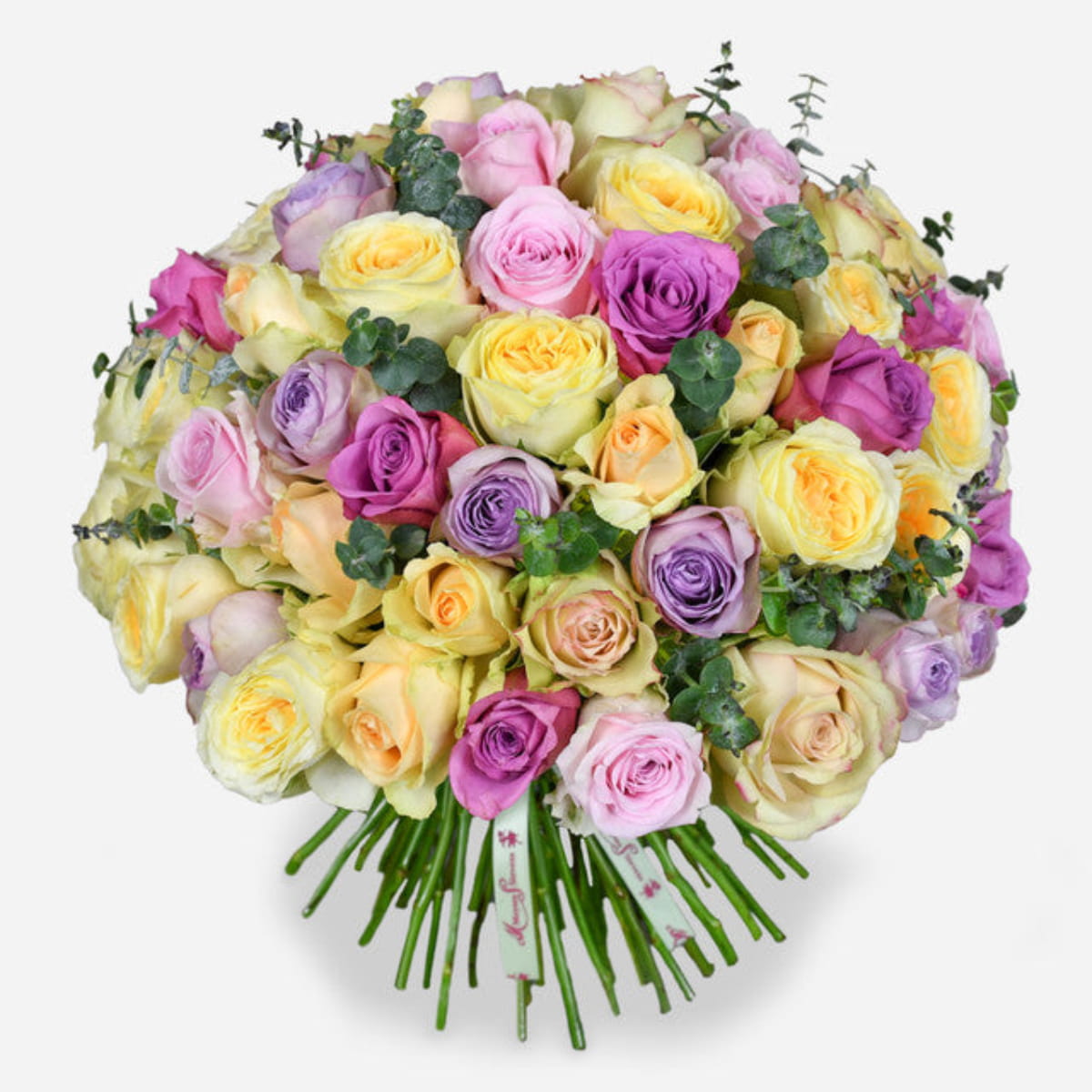 sweet rose luxury flower bouquet by Moyses Stevens UAE featuring Mixed Pastel Roses, Eucalyptus