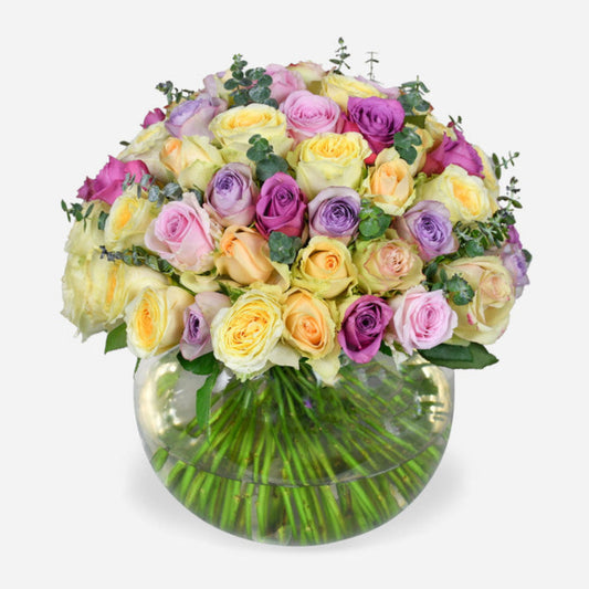 sweet rose luxury flower bouquet by Moyses Stevens UAE featuring Mixed Pastel Roses, Eucalyptus