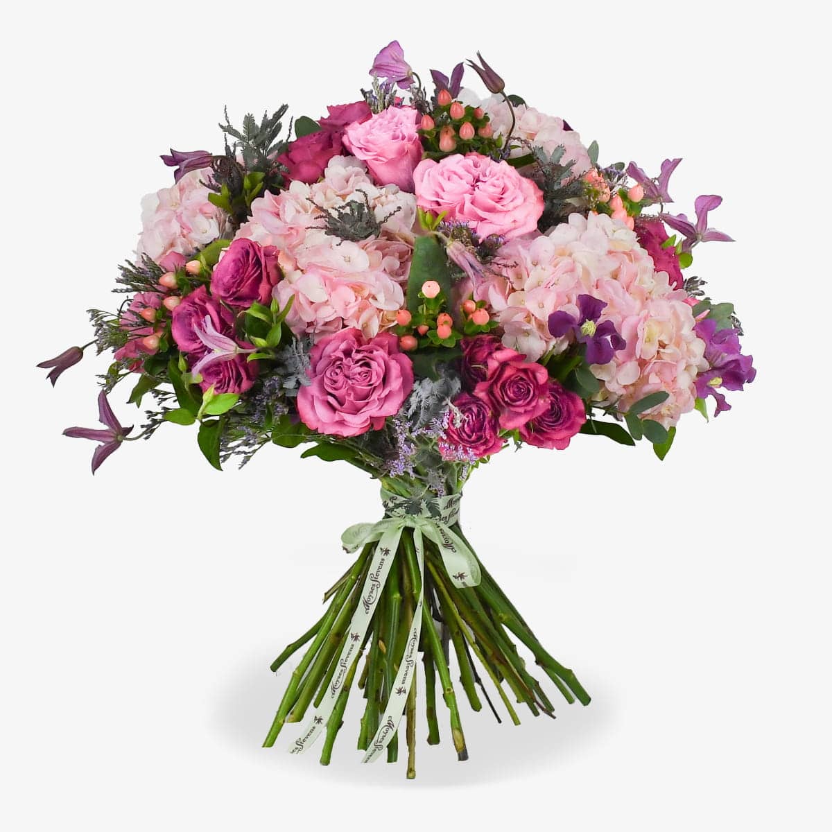 Café au Soleil luxury flower bouquet by Moyses Stevens UAE featuring Blues roses alongside the vibrant energy of hot pink spray roses and the dreamy softness of pink hydrangeas.