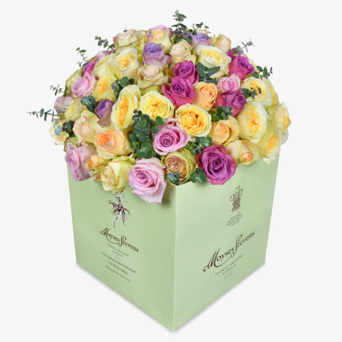 sweet rose luxury flower bouquet by Moyses Stevens UAE featuring Mixed Pastel Roses, Eucalyptus