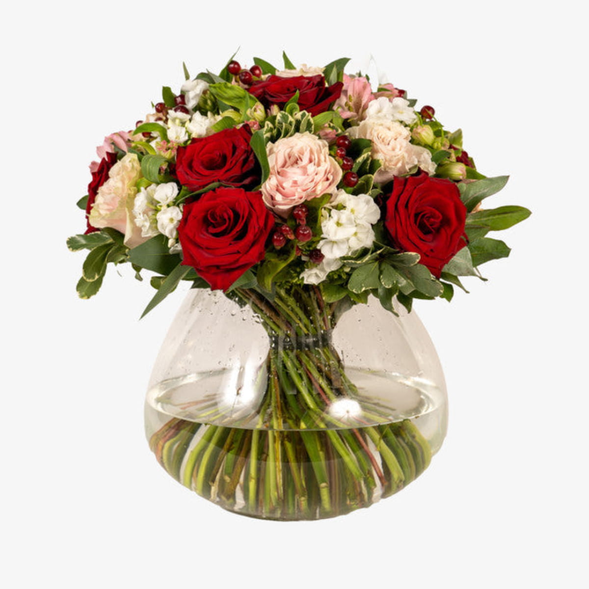 thinking of love luxury flower bouquet by Moyses Stevens UAE featuring Roses, Hypericum, Waxflower, Asltroemeria, Ruscus, Pittosporum