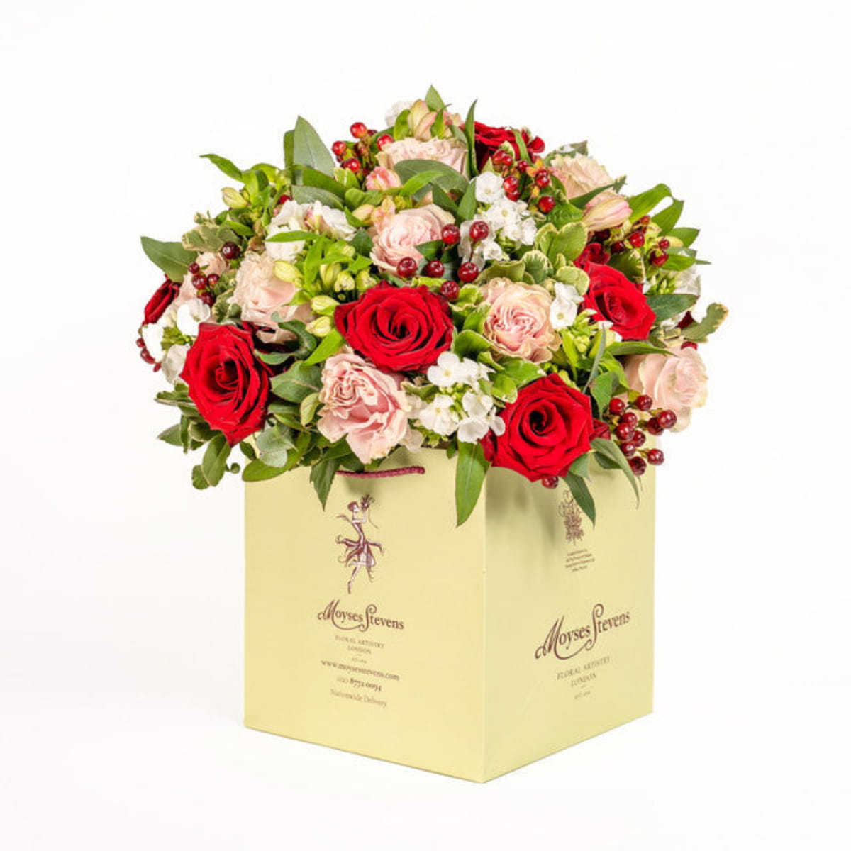 thinking of love luxury flower bouquet by Moyses Stevens UAE featuring Roses, Hypericum, Waxflower, Asltroemeria, Ruscus, Pittosporum