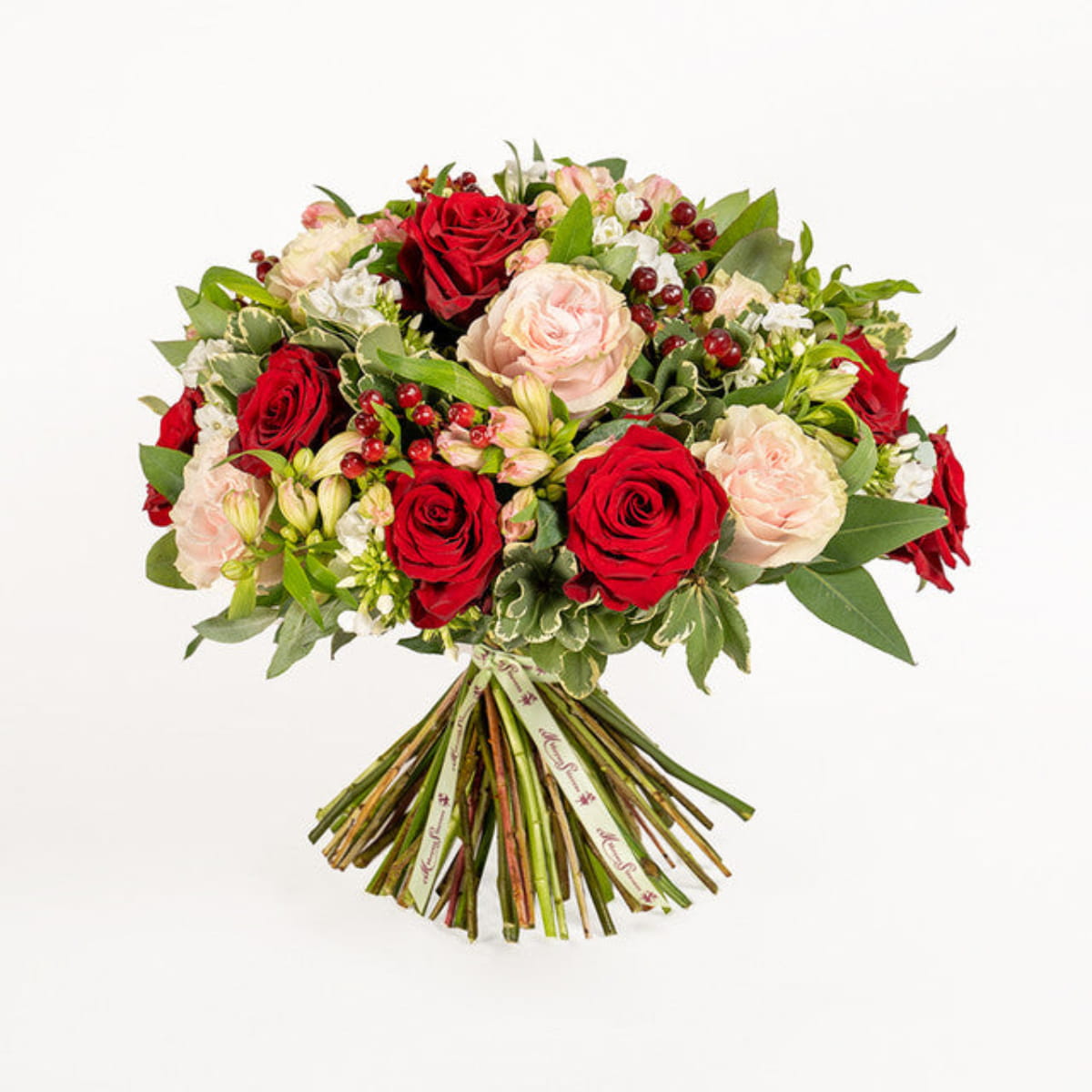 thinking of love luxury flower bouquet by Moyses Stevens UAE featuring Roses, Hypericum, Waxflower, Asltroemeria, Ruscus, Pittosporum