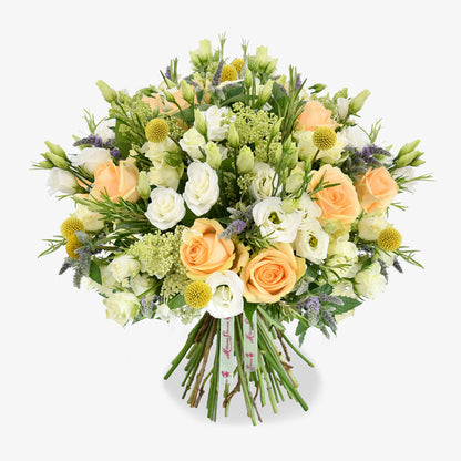 Timeless Beauty luxury flower bouquet by Moyses Stevens UAE featuring dreamy peach avalanche roses and white hydrangea