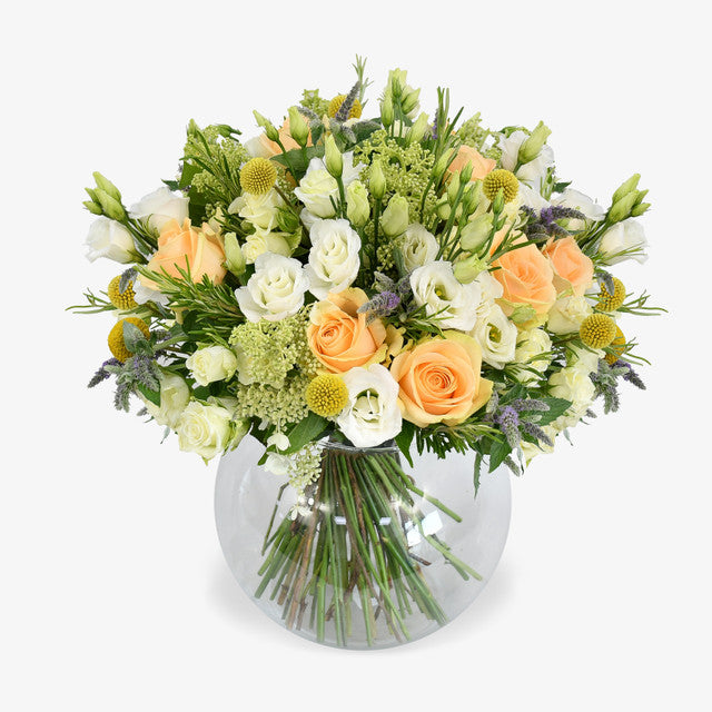 Timeless Beauty luxury flower bouquet by Moyses Stevens UAE featuring dreamy peach avalanche roses and white hydrangea
