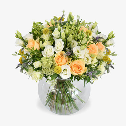 Timeless Beauty luxury flower bouquet by Moyses Stevens UAE featuring dreamy peach avalanche roses and white hydrangea