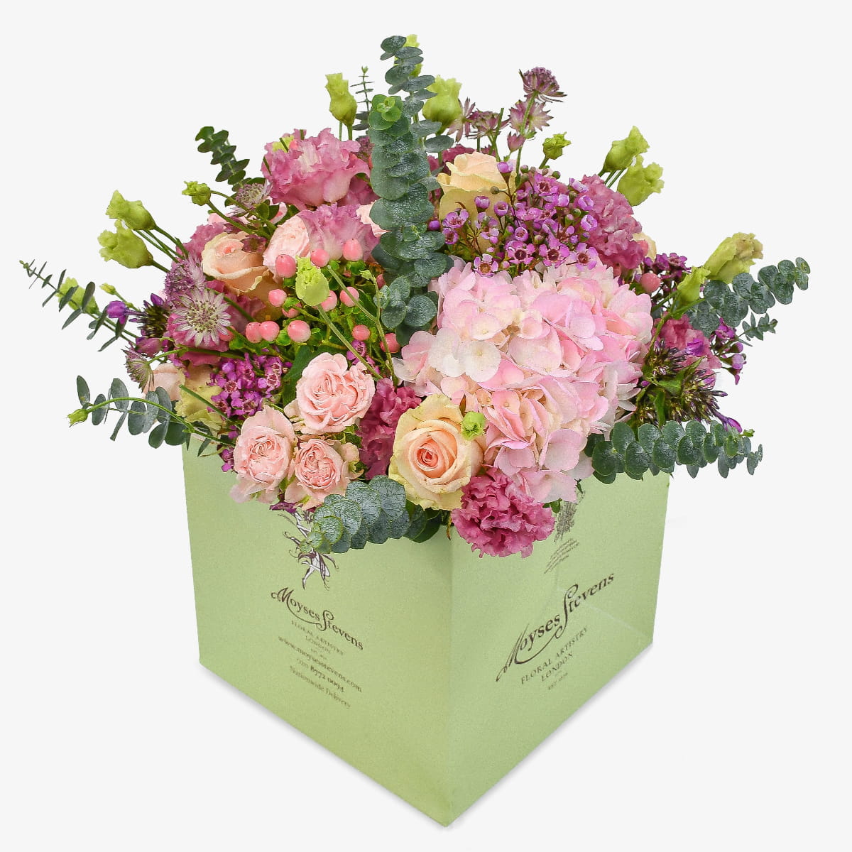 Waxflower and rose luxury flower bouquet by Moyses Stevens UAE featuring wax flower, roses, eucalyptus, lisianthus, astrantia, and hydrangeas.